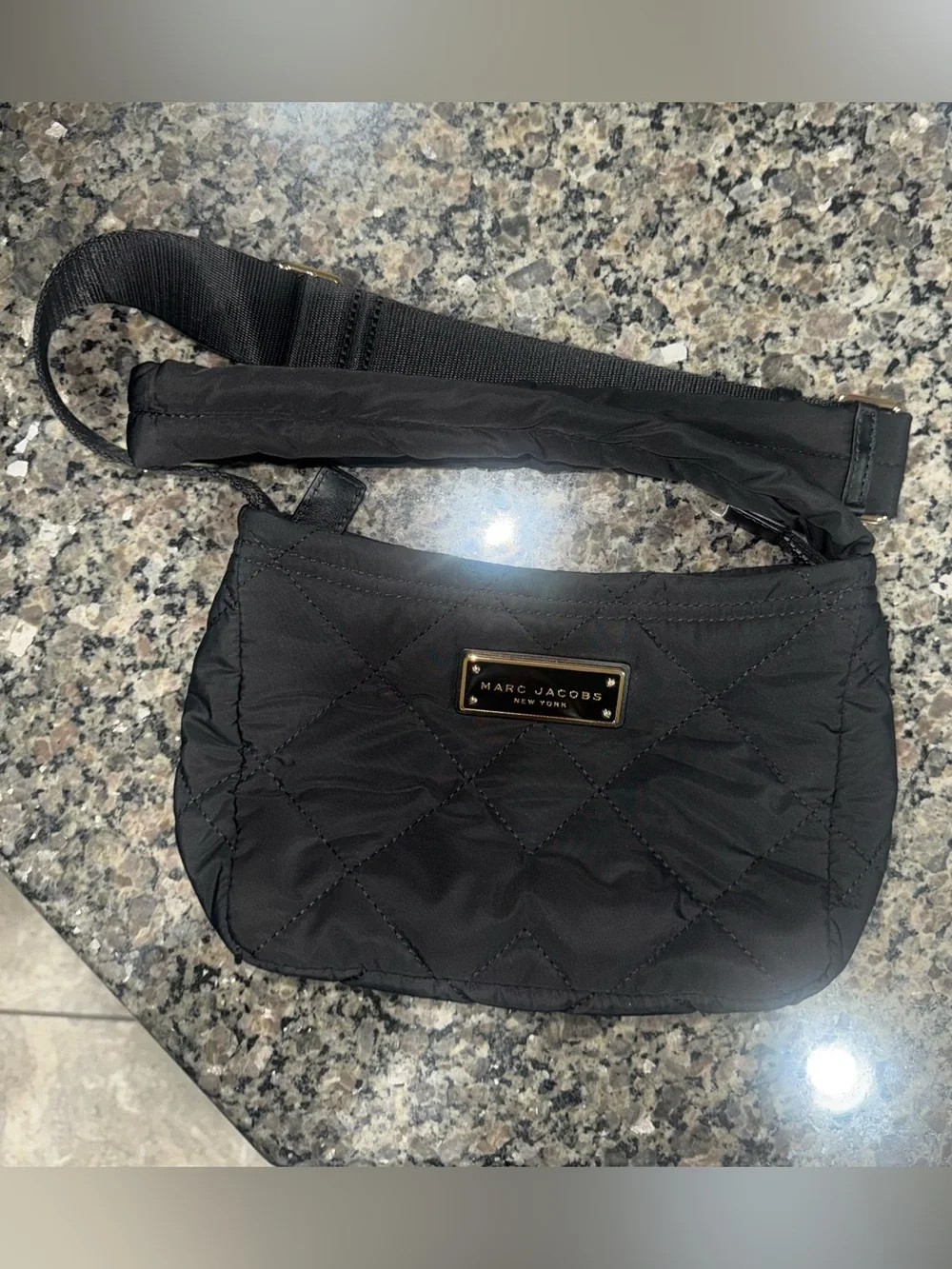 Marc Jacobs Black Quilted Crossbody Bag with Gold Plaque